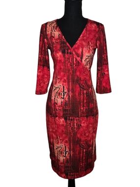 Vintage 90s BCBG Red V-Neck Printed Midi Dress!